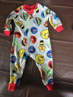 Sesame Street Gray One-Piece Footie Pajamas with Red Trim